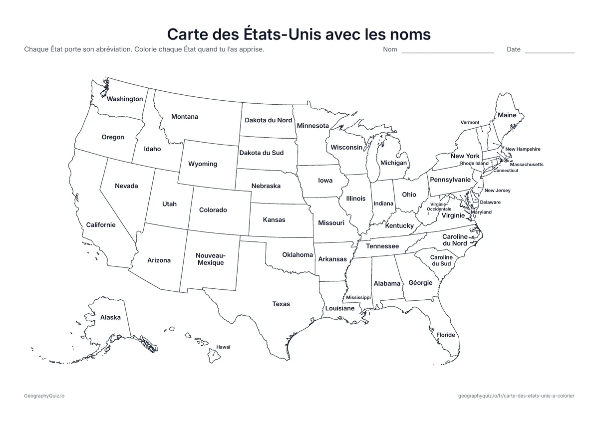 Aperçu de la fiche à imprimer « Carte des États-Unis avec les noms »: Chaque État est nommé sur la carte ; les petits États du Nord-Est sont nommés sur le côté
