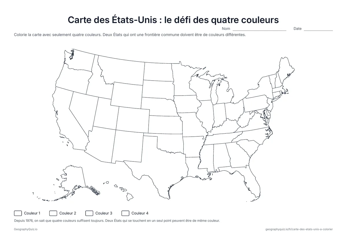 Aperçu de la fiche à imprimer « Carte des États-Unis : le défi des quatre couleurs »: Colorie les 50 États avec seulement quatre couleurs, sans que deux voisins aient la même : plus difficile qu’il n’y paraît autour du Kentucky et du Tennessee