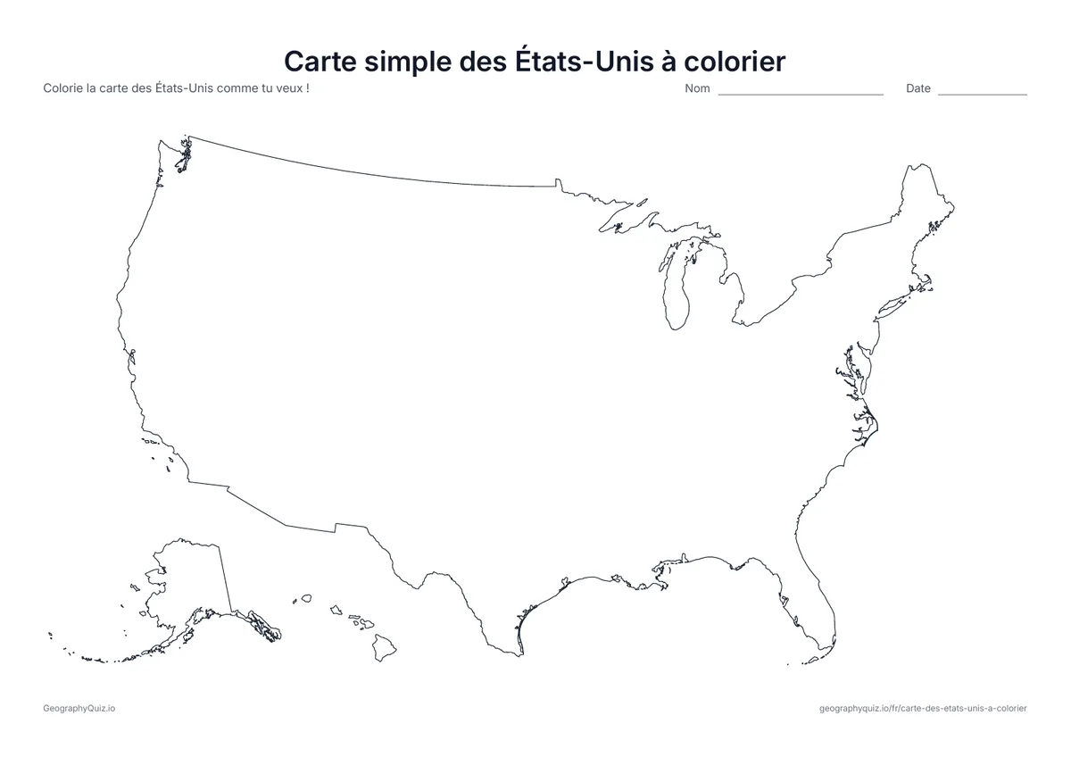 Aperçu de la fiche à imprimer « Carte simple des États-Unis à colorier »: Le contour des États-Unis sans frontières entre les États : une seule grande forme, facile à colorier pour les plus jeunes
