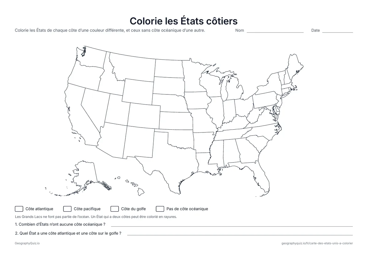 Aperçu de la fiche à imprimer « Colorie les États côtiers »: Les élèves colorient les États de la côte atlantique, de la côte pacifique et du golfe, ainsi que les États sans côte océanique