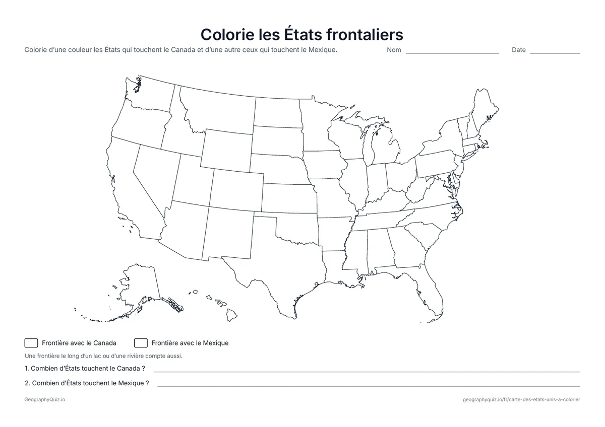 Aperçu de la fiche à imprimer « Colorie les États frontaliers »: Les élèves colorient les États qui touchent le Canada et ceux qui touchent le Mexique, puis les comptent