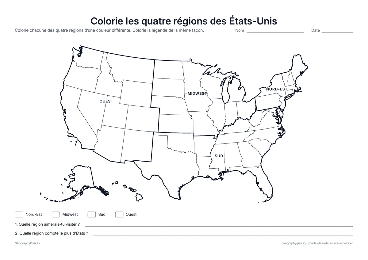 Aperçu de la fiche à imprimer « Colorie les quatre régions des États-Unis »: Des traits épais divisent la carte en Nord-Est, Midwest, Sud et Ouest