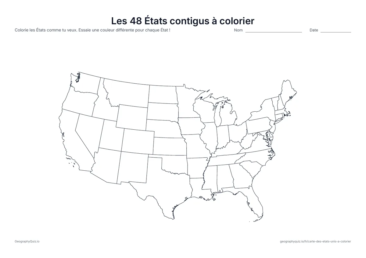 Aperçu de la fiche à imprimer « Les 48 États contigus à colorier »: Les 48 États contigus en grand, sans l’Alaska ni Hawaï : plus de place pour colorier chaque État
