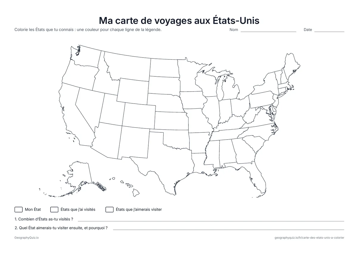 Aperçu de la fiche à imprimer « Ma carte de voyages aux États-Unis »: Colorie ton État, les États que tu as visités et ceux que tu aimerais visiter, puis réponds à deux questions