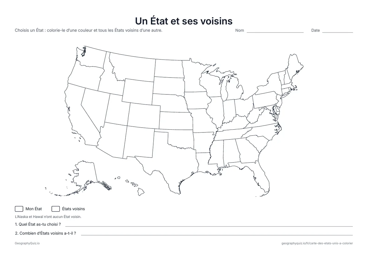 Aperçu de la fiche à imprimer « Un État et ses voisins »: Les élèves colorient un État et tous les États voisins, puis répondent à deux questions