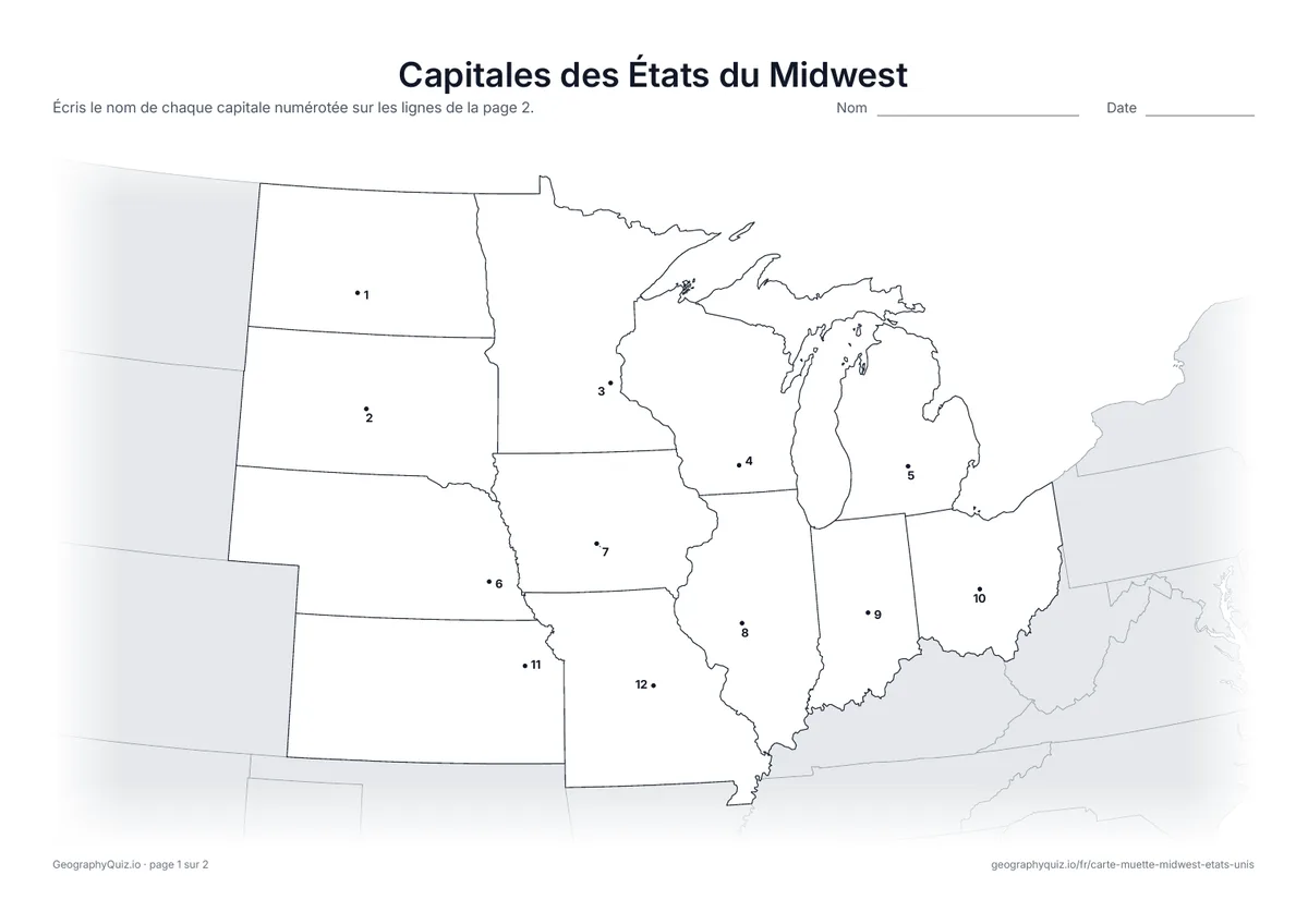 Aperçu de la fiche à imprimer « Capitales des États du Midwest »