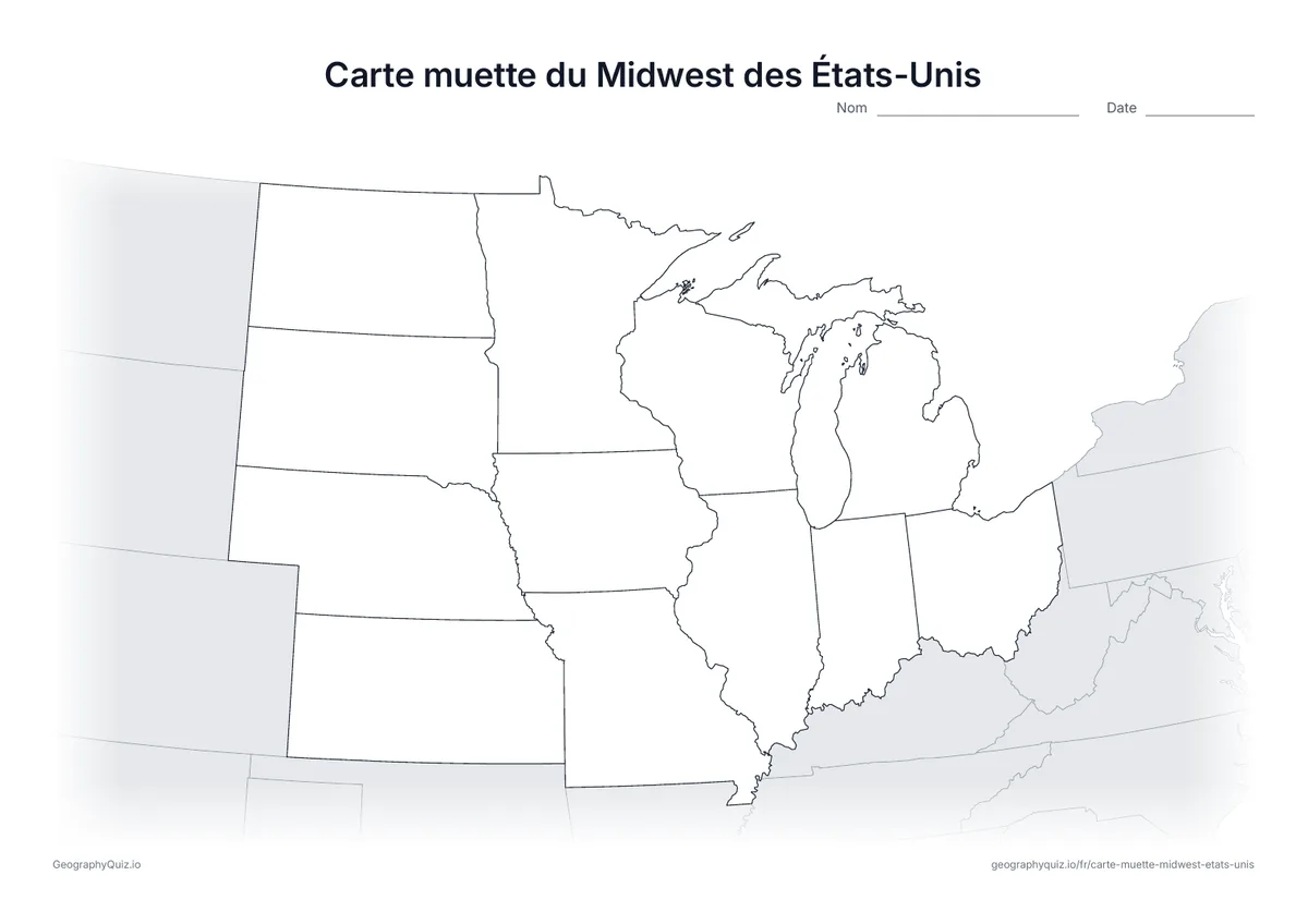 Aperçu d’une carte muette à imprimer : le Midwest des États-Unis