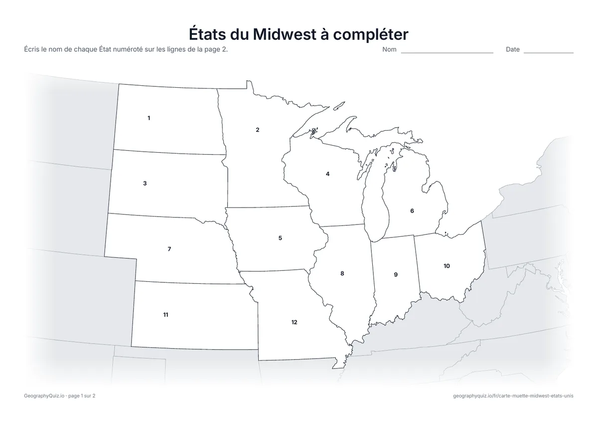 Aperçu de la fiche à imprimer « États du Midwest à compléter »
