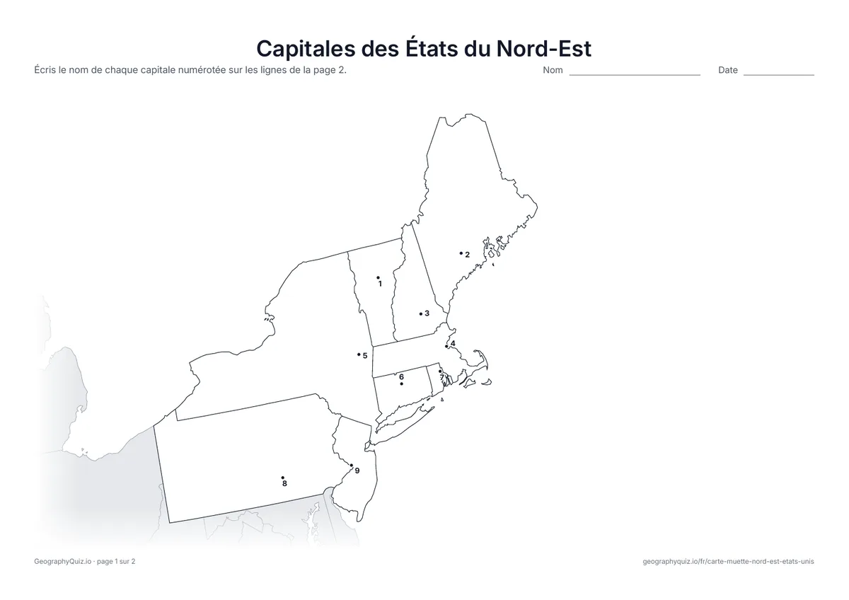 Aperçu de la fiche à imprimer « Capitales des États du Nord-Est »