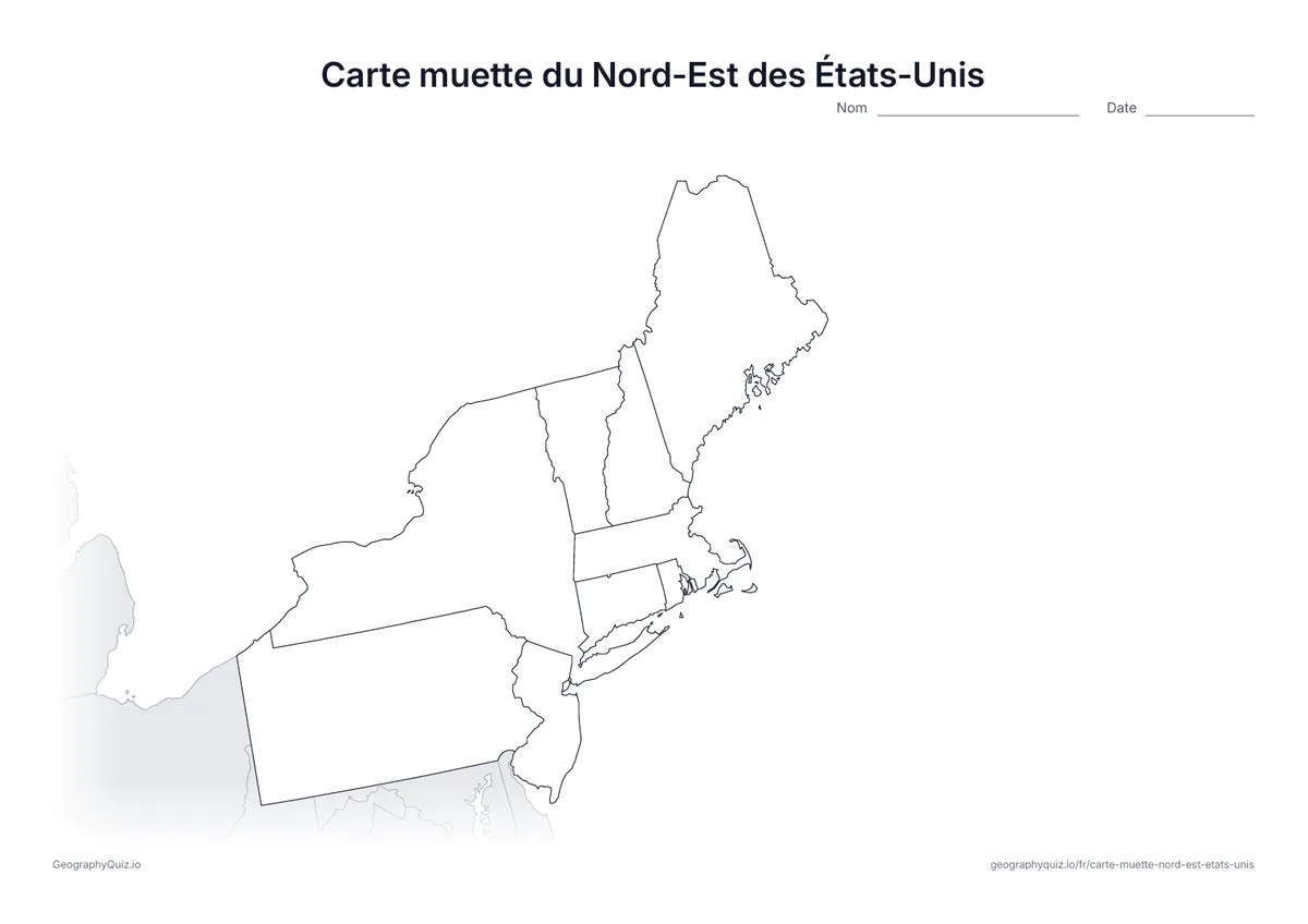 Aperçu d’une carte muette à imprimer : le Nord-Est des États-Unis
