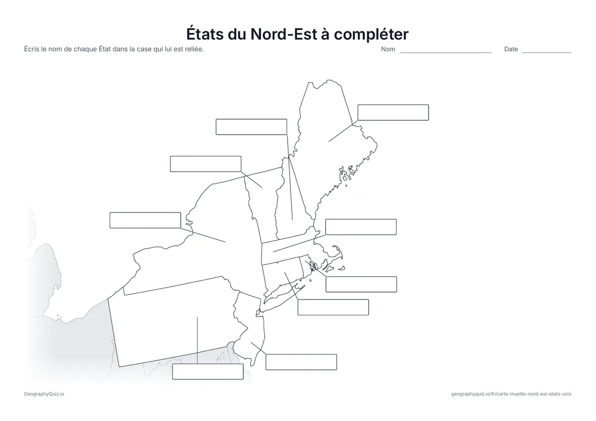 Aperçu de la fiche à imprimer « États du Nord-Est à compléter »