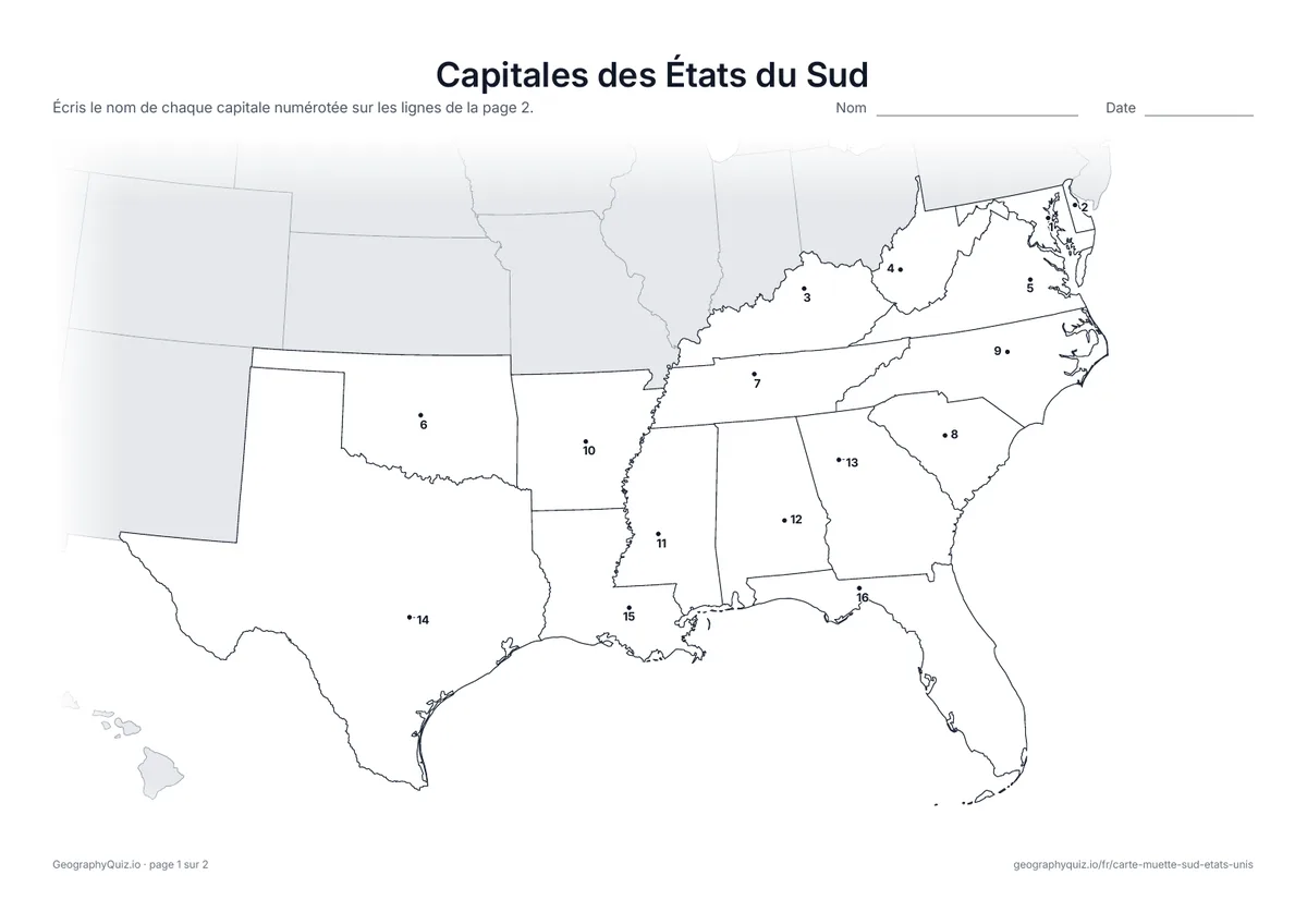 Aperçu de la fiche à imprimer « Capitales des États du Sud »