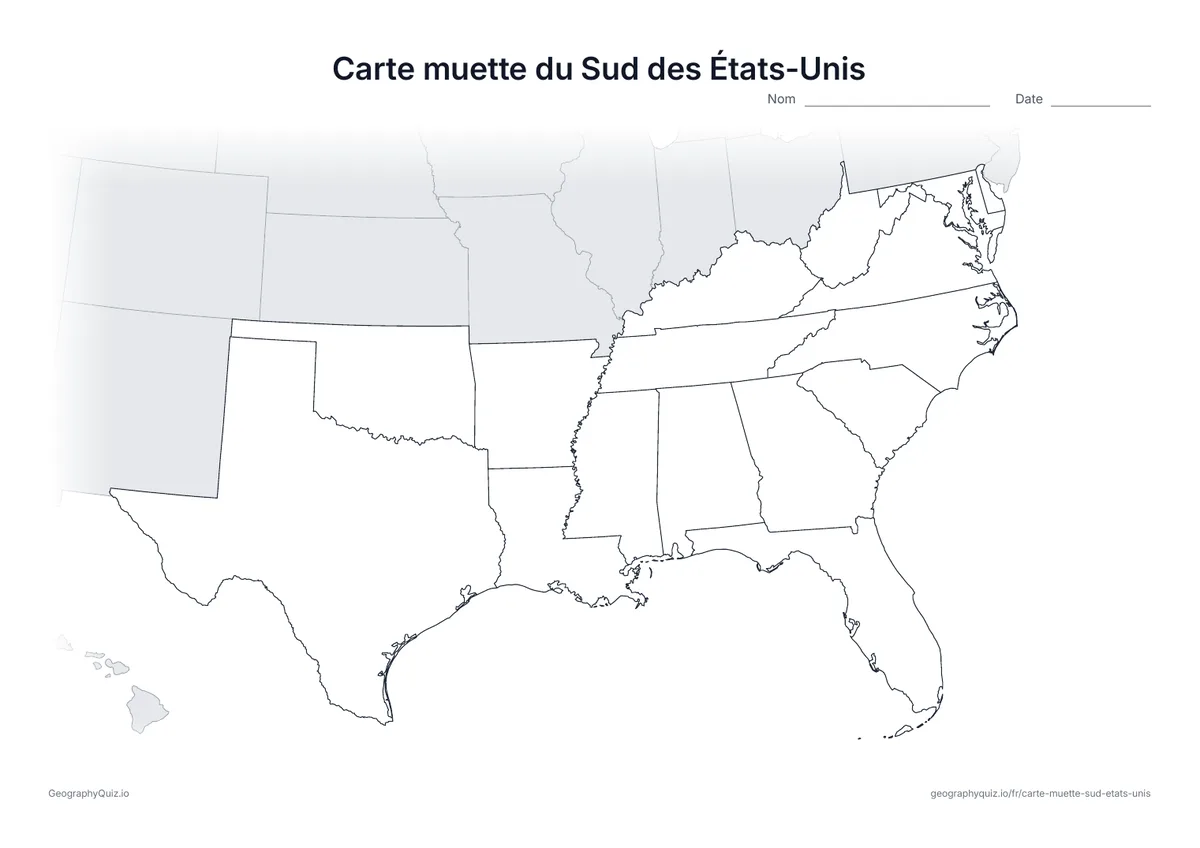Aperçu d’une carte muette à imprimer : le Sud des États-Unis