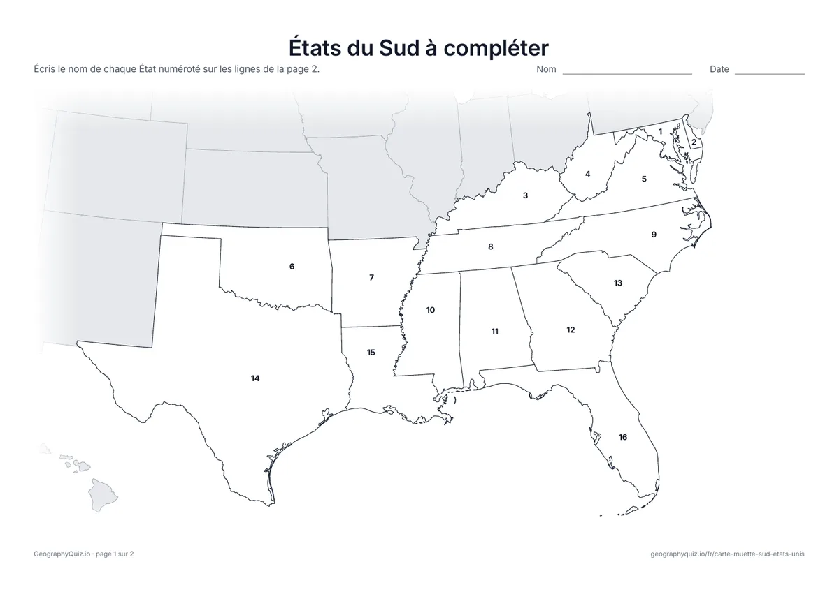 Aperçu de la fiche à imprimer « États du Sud à compléter »