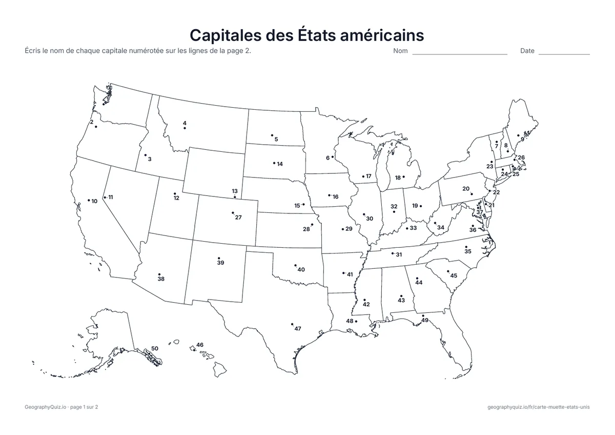 Aperçu de la fiche à imprimer « Capitales des États américains »