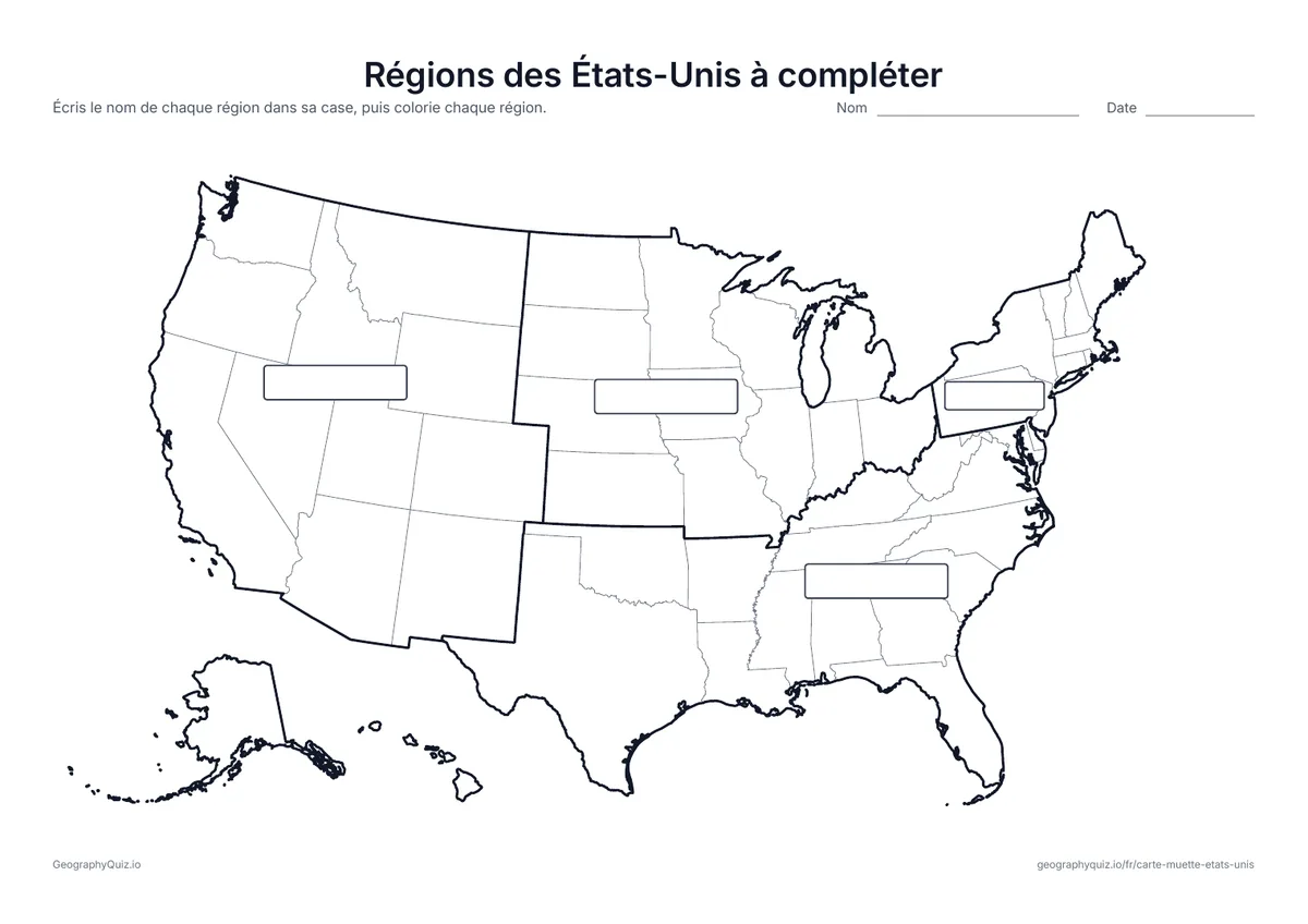 Aperçu de la fiche à imprimer « Régions des États-Unis à compléter »