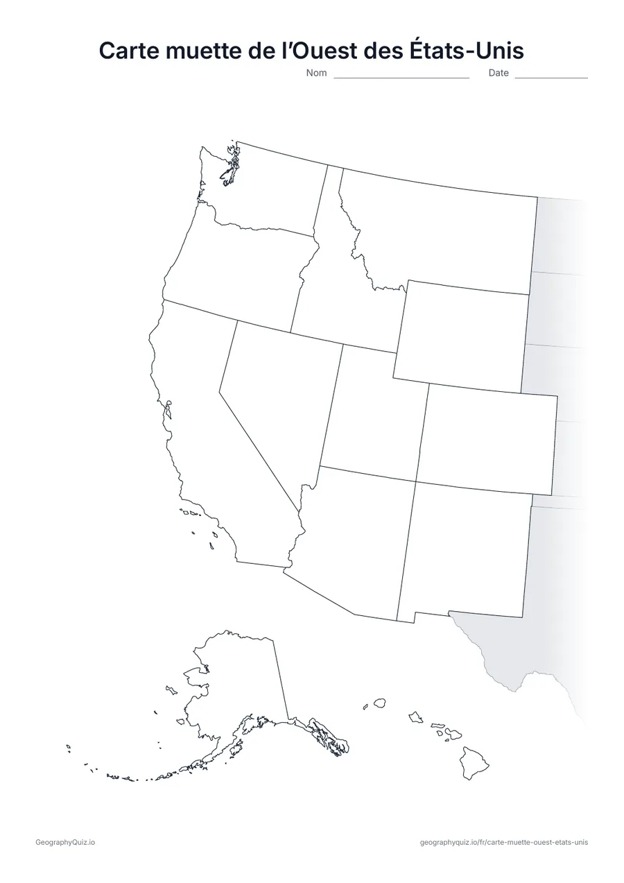 Aperçu d’une carte muette à imprimer : l’Ouest des États-Unis