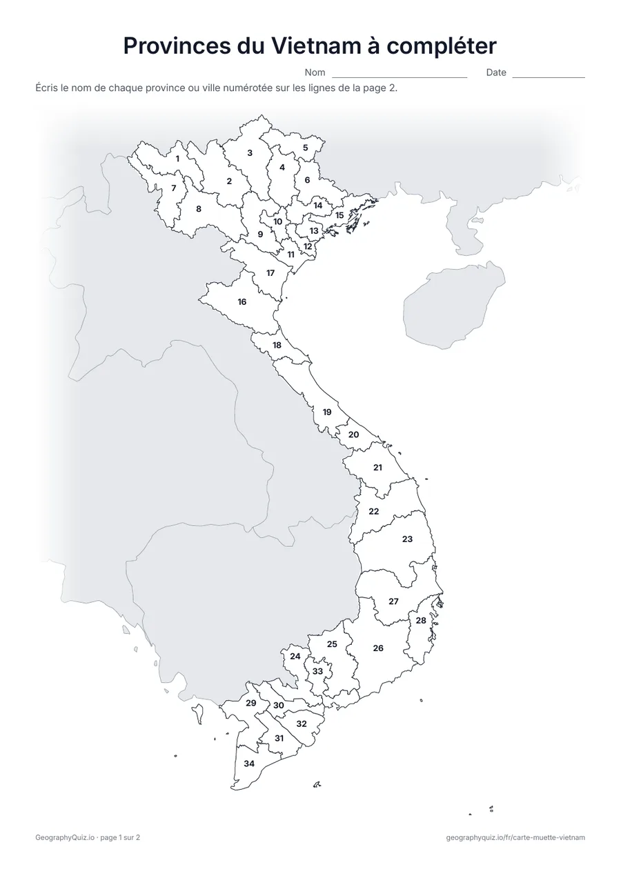 Aperçu de la fiche à imprimer « Provinces du Vietnam à compléter »