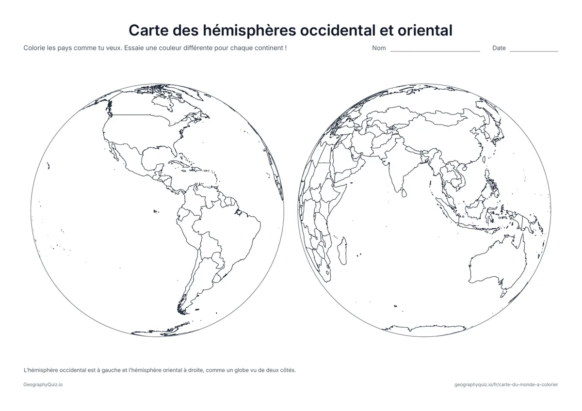 Aperçu de la fiche à imprimer « Carte des hémisphères occidental et oriental »: Deux globes côte à côte : les Amériques sur l’un, l’Europe, l’Afrique, l’Asie et l’Australie sur l’autre