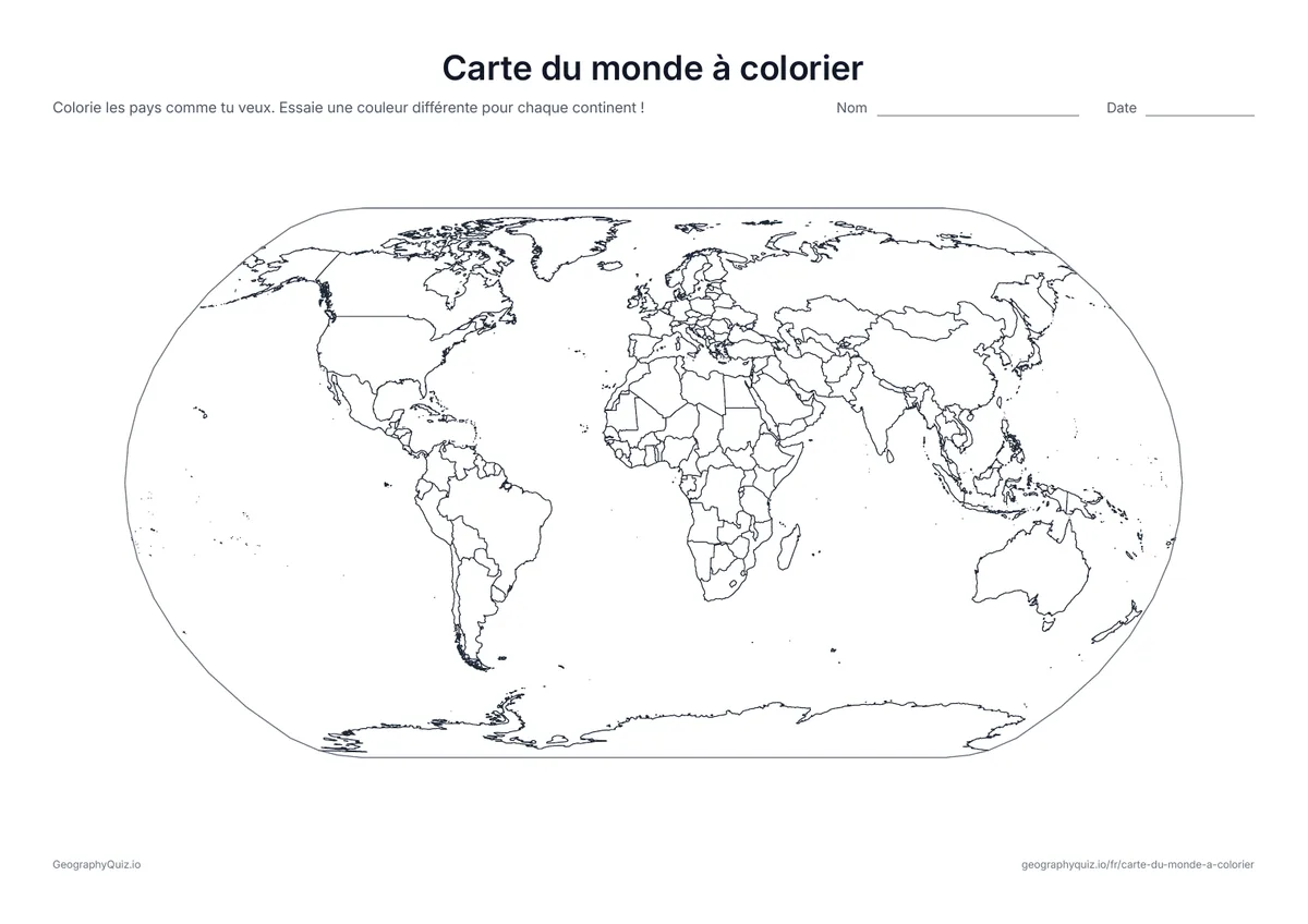 Aperçu de la fiche à imprimer « Carte du monde à colorier »: Une carte du monde avec tous les pays et sans noms : colorie les pays comme tu veux
