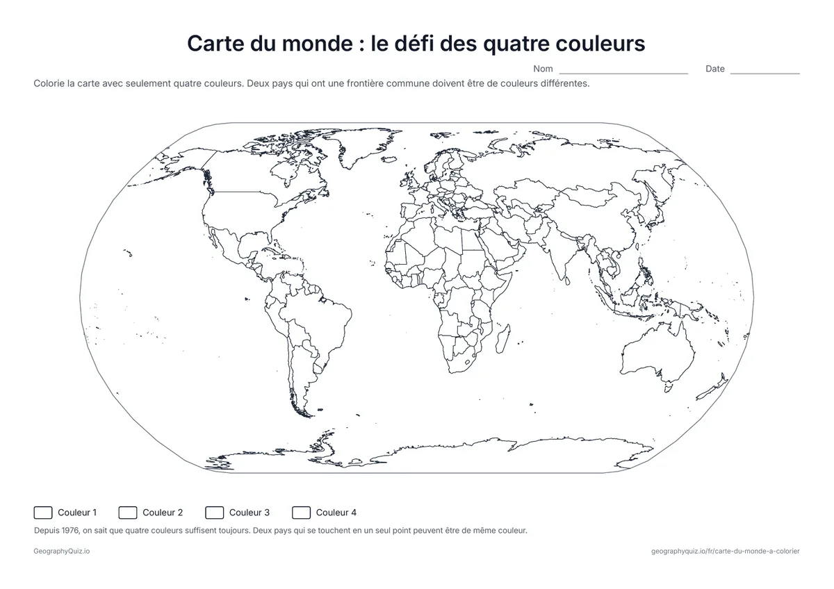 Aperçu de la fiche à imprimer « Carte du monde : le défi des quatre couleurs »: Colorie tous les pays avec seulement quatre couleurs, sans que deux voisins aient la même : une énigme liée à un célèbre théorème de mathématiques