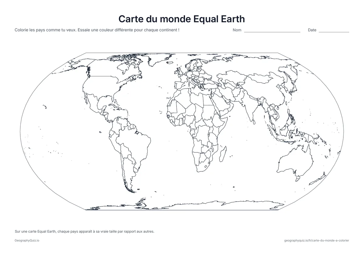Aperçu de la fiche à imprimer « Carte du monde Equal Earth »: La projection Equal Earth, qui montre chaque pays à sa vraie taille par rapport aux autres