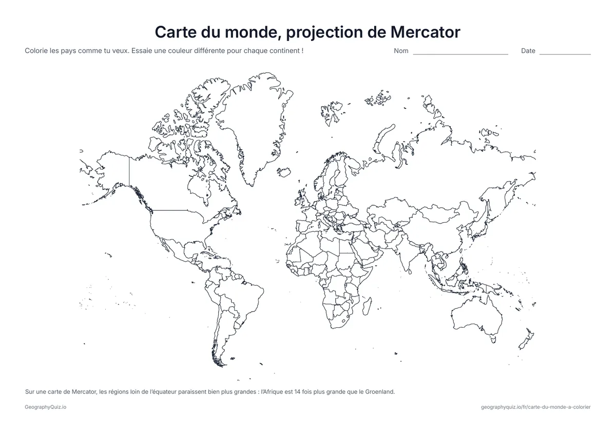 Aperçu de la fiche à imprimer « Carte du monde, projection de Mercator »: La classique carte de Mercator, avec une note expliquant pourquoi le Groenland paraît aussi grand que l’Afrique