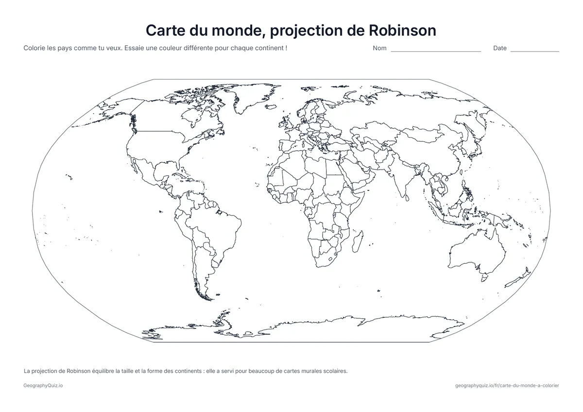 Aperçu de la fiche à imprimer « Carte du monde, projection de Robinson »: Le monde en projection de Robinson, très utilisée pour les cartes murales scolaires car elle équilibre la taille et la forme des continents