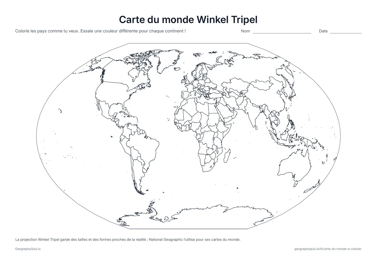 Aperçu de la fiche à imprimer « Carte du monde Winkel Tripel »: Le monde en projection Winkel Tripel, celle qu’utilise National Geographic pour ses cartes du monde