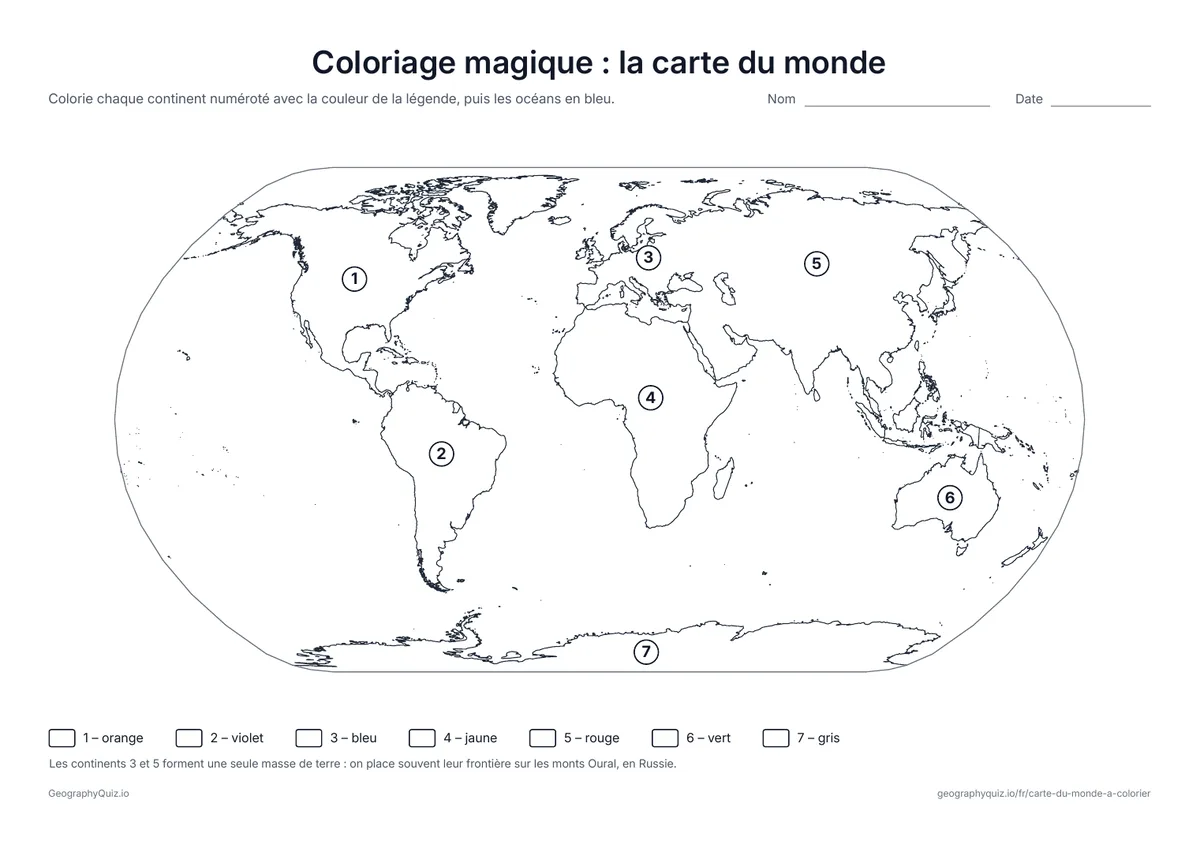 Aperçu de la fiche à imprimer « Coloriage magique : la carte du monde »: Chaque continent porte un numéro de 1 à 7