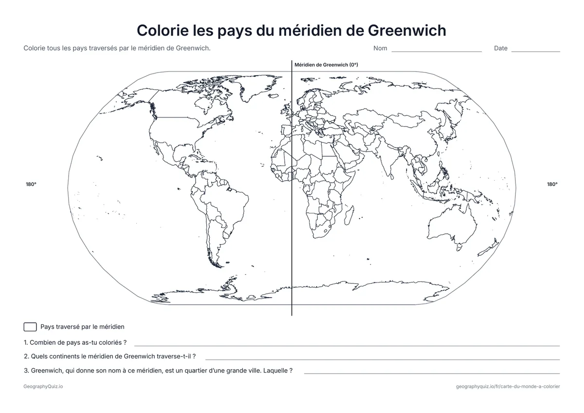 Aperçu de la fiche à imprimer « Colorie les pays du méridien de Greenwich »: Le méridien de Greenwich parcourt la carte d’un pôle à l’autre