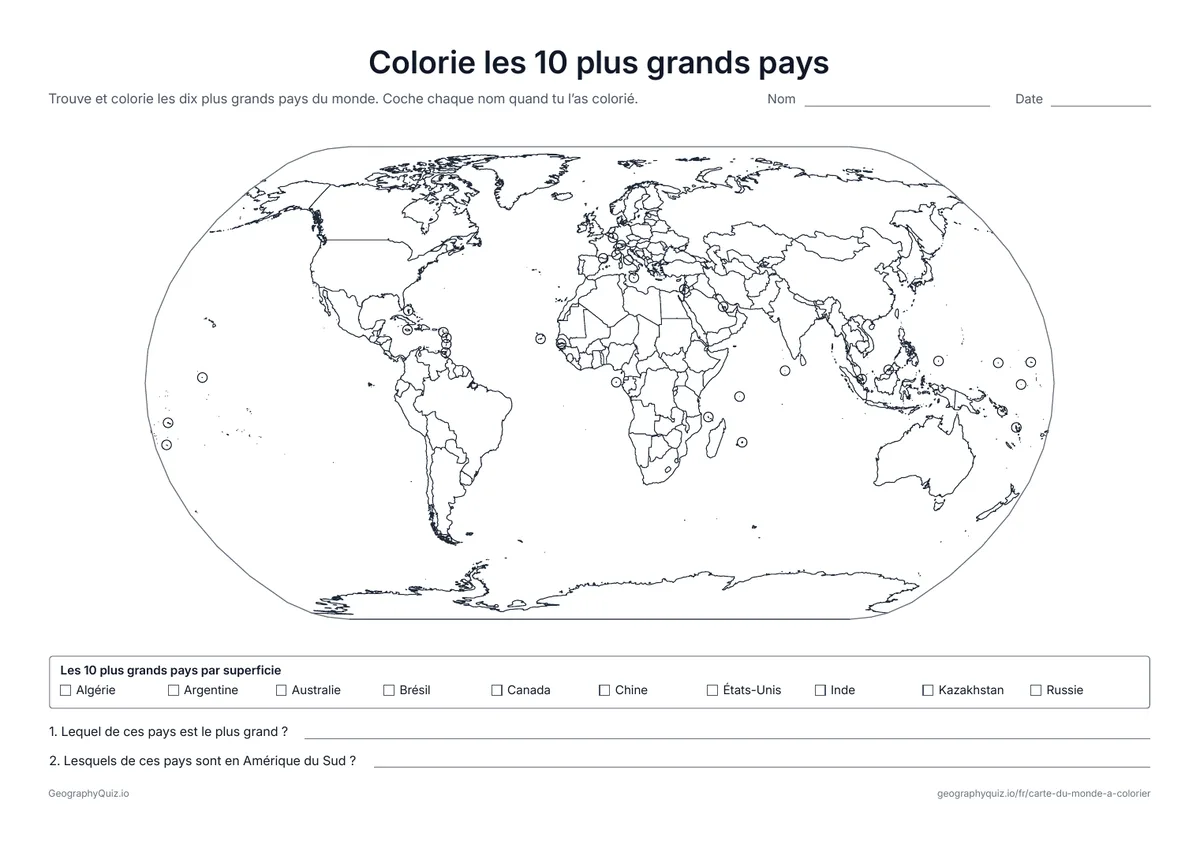 Aperçu de la fiche à imprimer « Colorie les 10 plus grands pays »: Une carte du monde avec toutes les frontières et la liste des dix plus grands pays par superficie