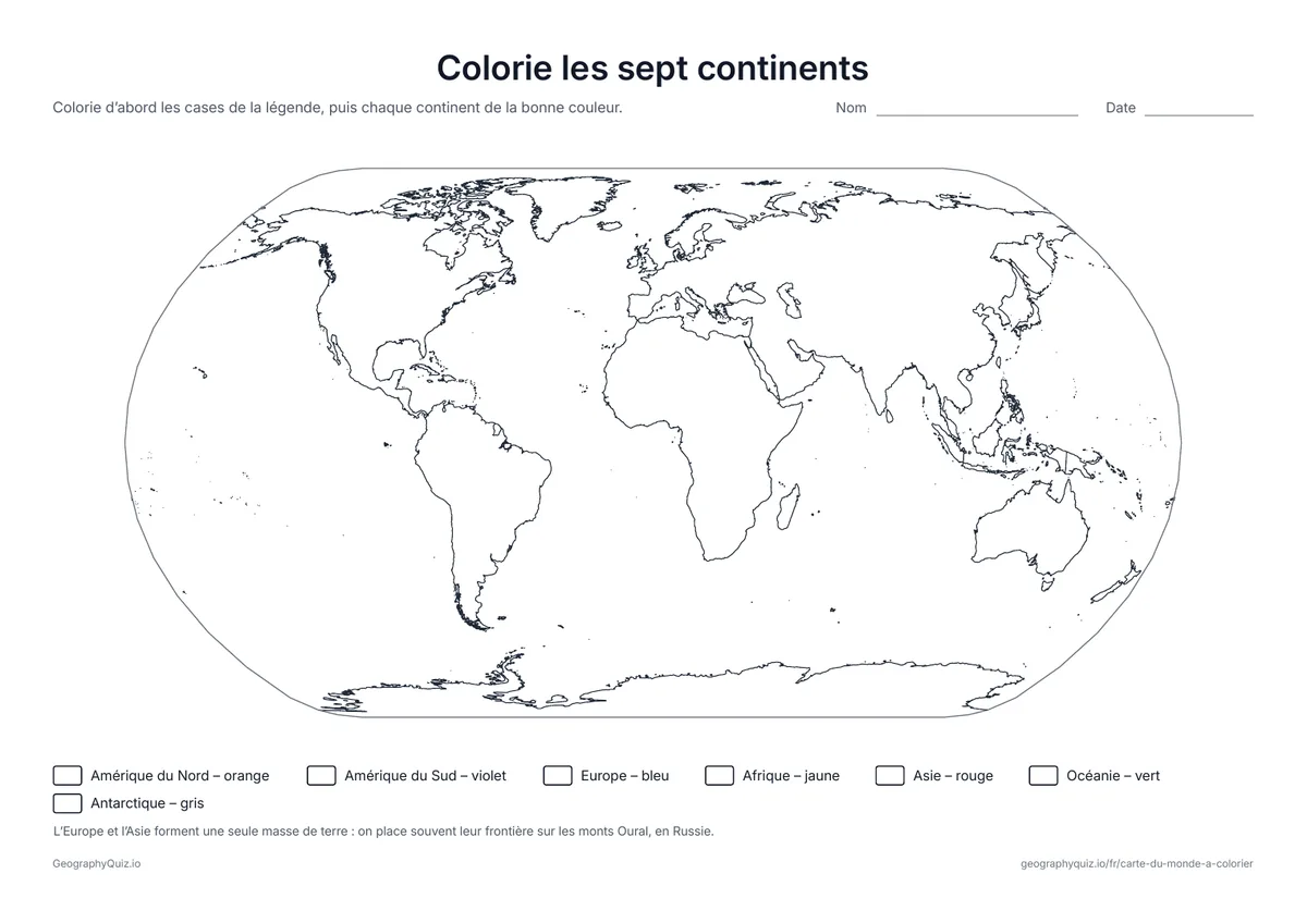 Aperçu de la fiche à imprimer « Colorie les sept continents »: Une carte des sept continents avec une légende de couleurs : les élèves colorient d’abord la légende, puis chaque continent