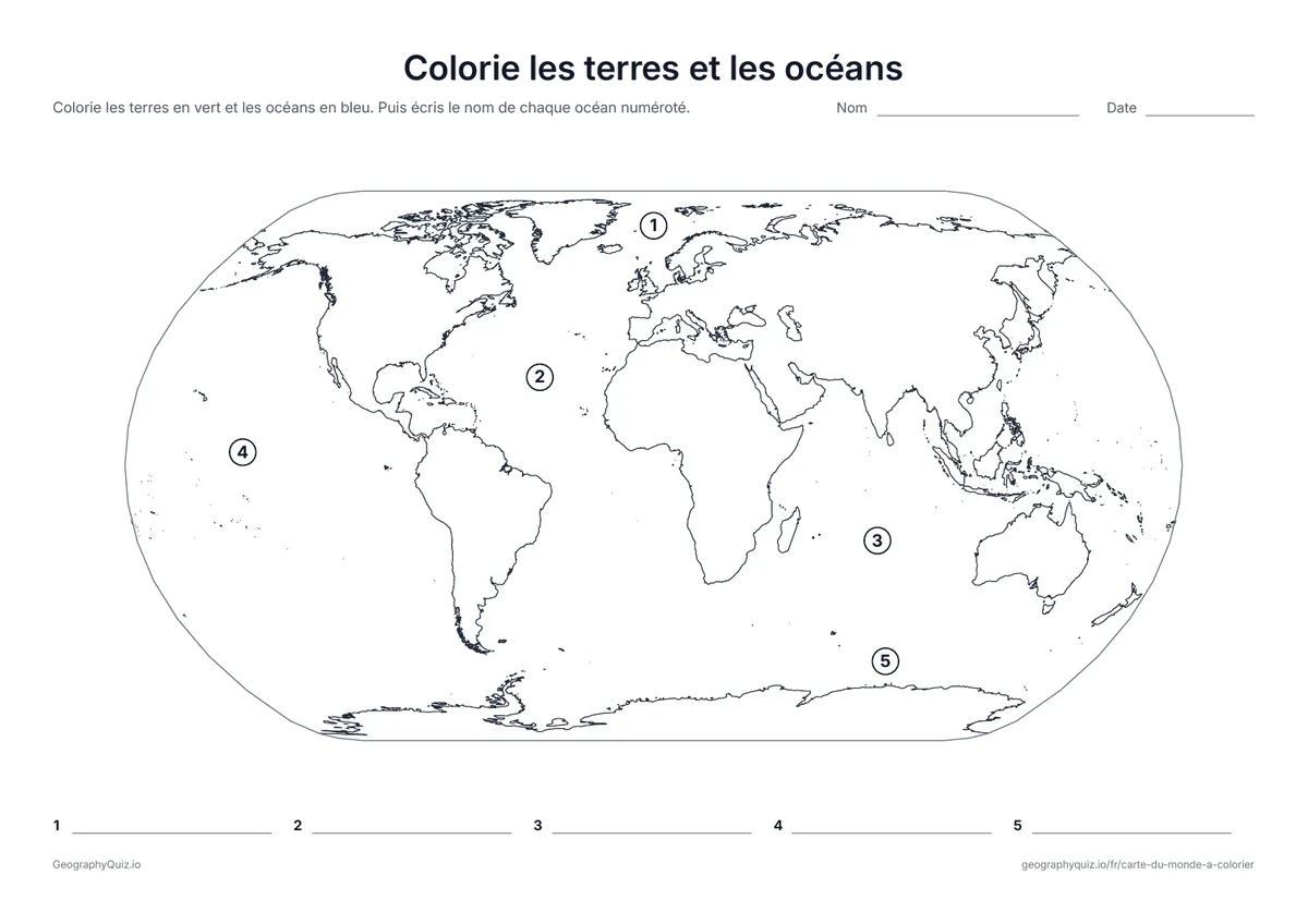 Aperçu de la fiche à imprimer « Colorie les terres et les océans »: Colorie les terres en vert et l’eau en bleu, puis écris le nom de chaque océan numéroté