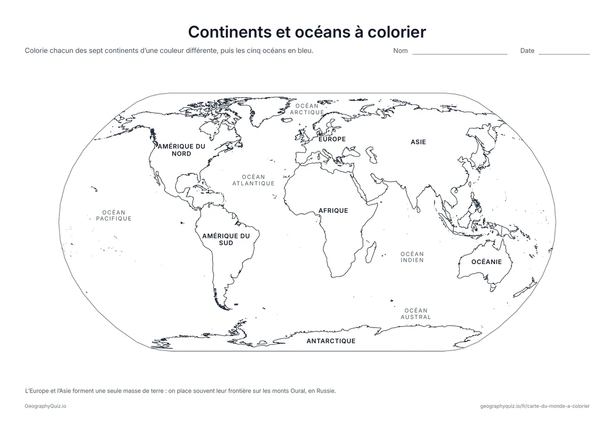 Aperçu de la fiche à imprimer « Continents et océans à colorier »: Les sept continents et les cinq océans sont nommés sur la carte