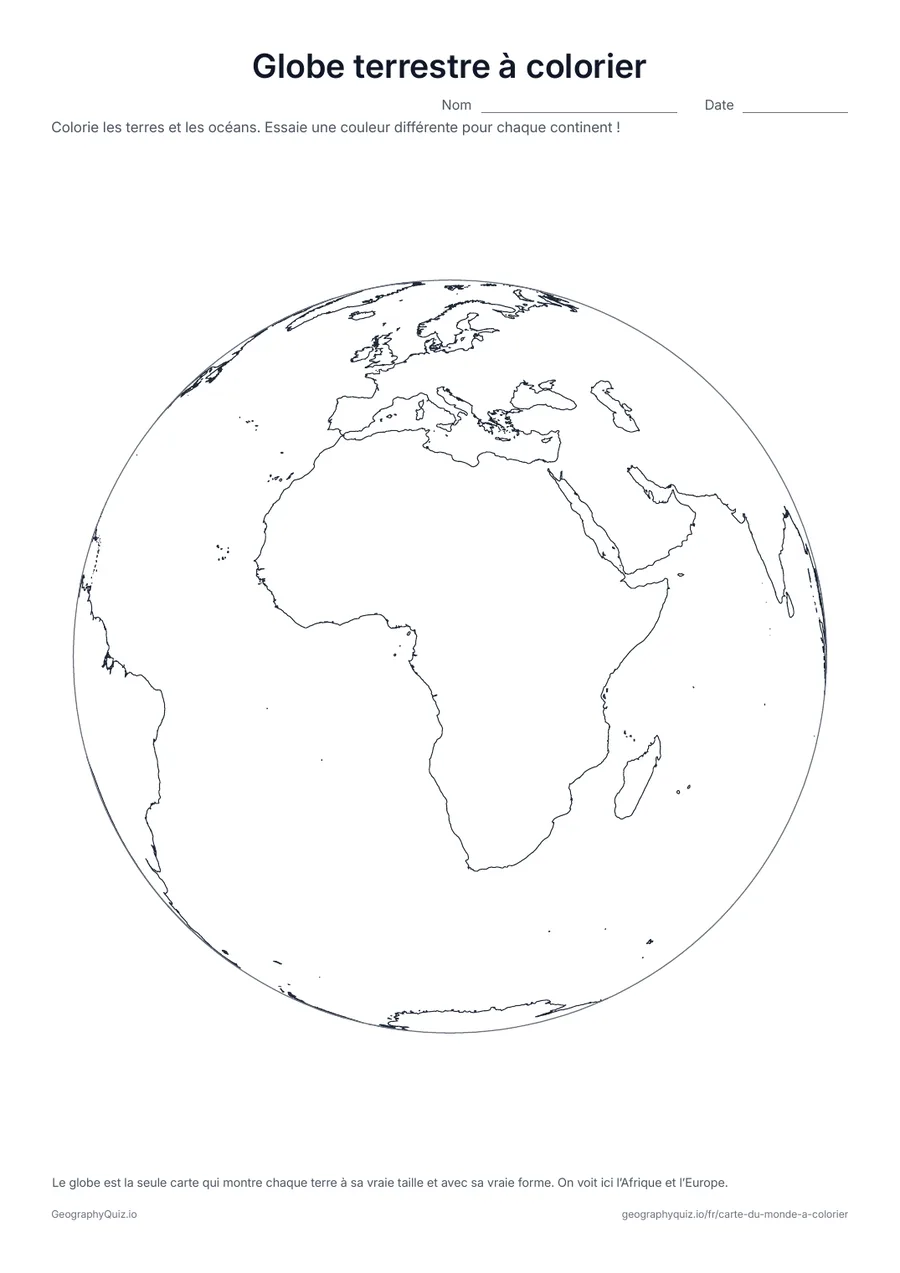 Aperçu de la fiche à imprimer « Globe terrestre à colorier »: La Terre vue comme un globe, avec l’Afrique et l’Europe au centre : colorie les terres en vert et en marron et les océans en bleu
