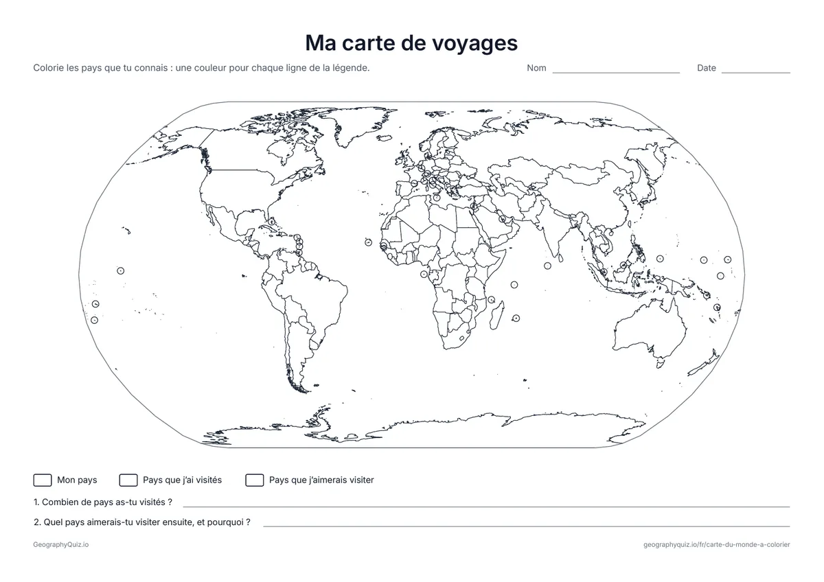 Aperçu de la fiche à imprimer « Ma carte de voyages »: Colorie ton pays, les pays que tu as visités et ceux que tu aimerais visiter, puis réponds à deux questions