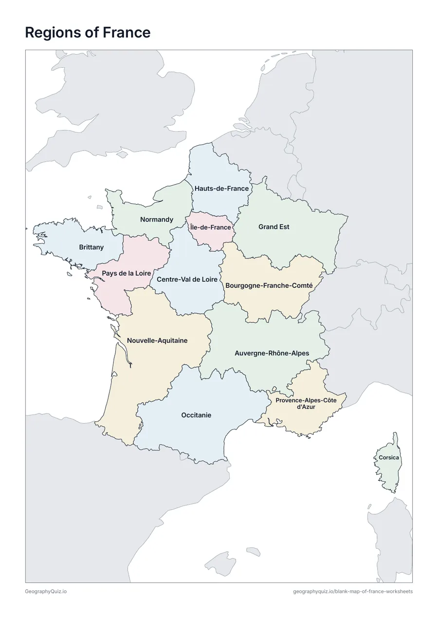 Preview of the printable regions of france worksheet