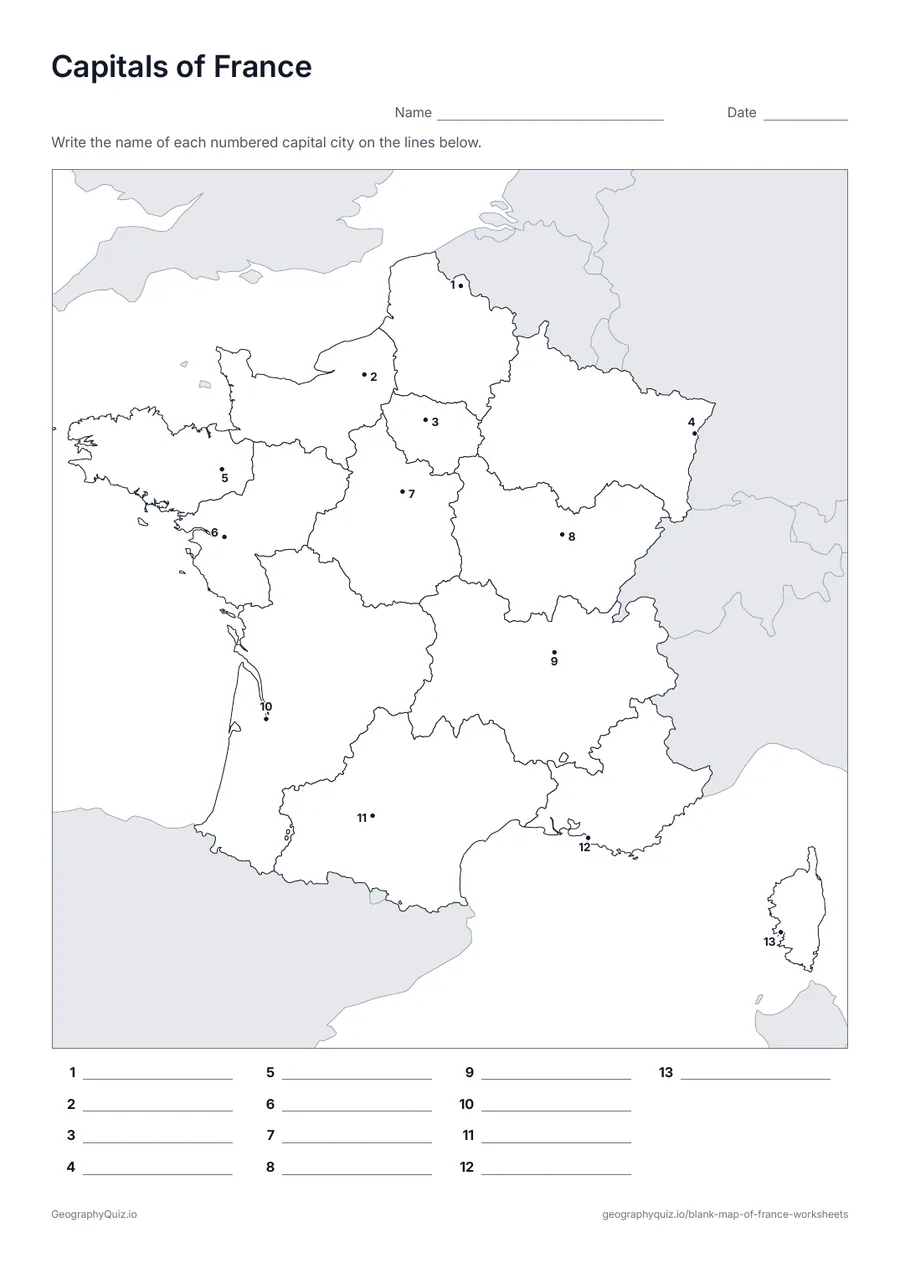 Preview of the printable capitals of france worksheet