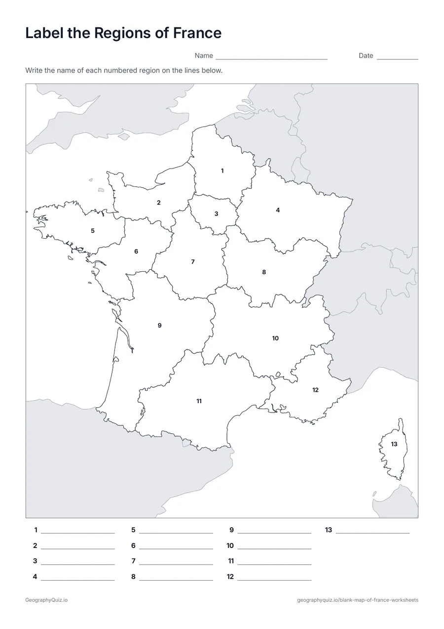 Preview of the printable label the regions of france worksheet