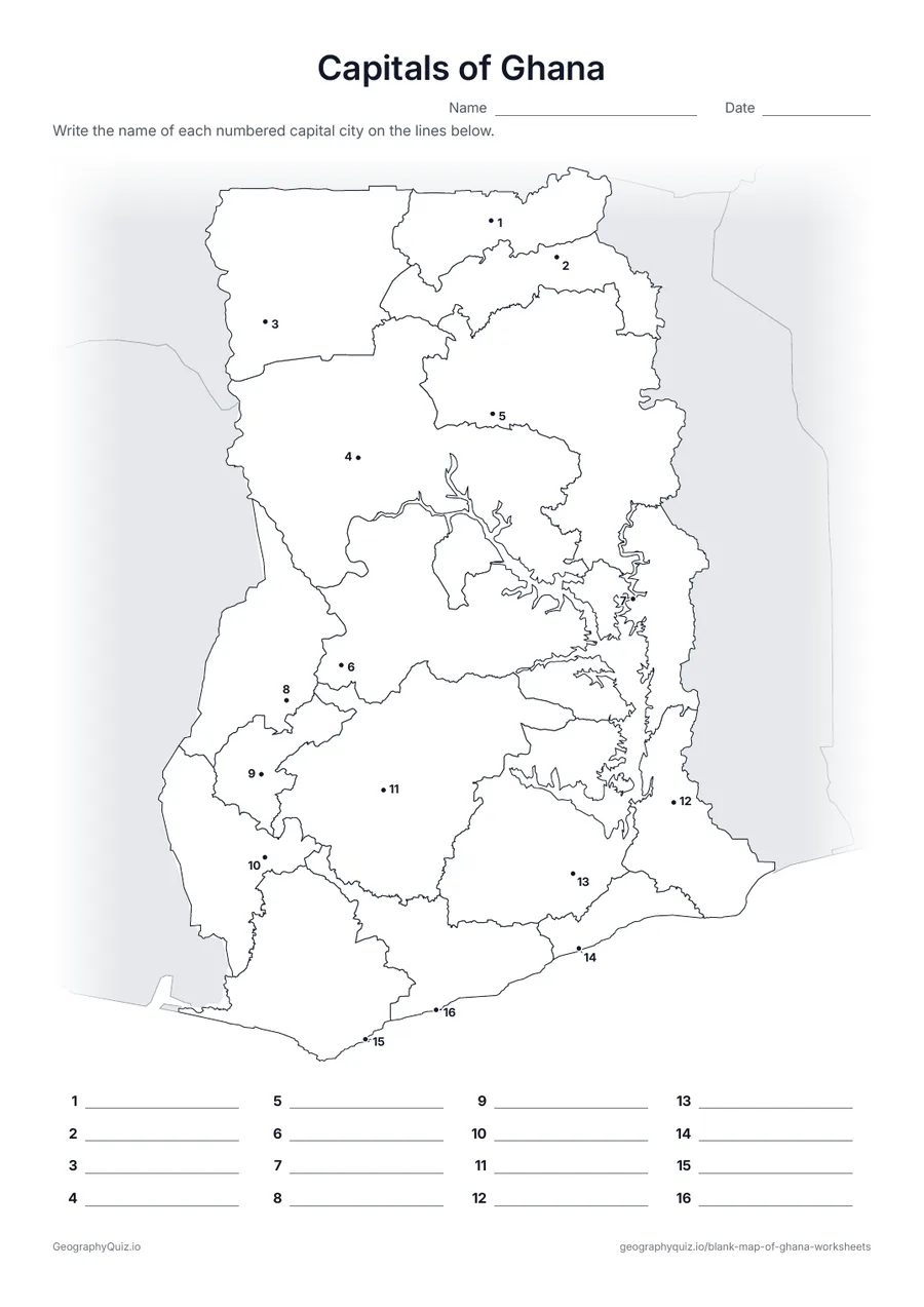 Preview of the printable capitals of ghana worksheet