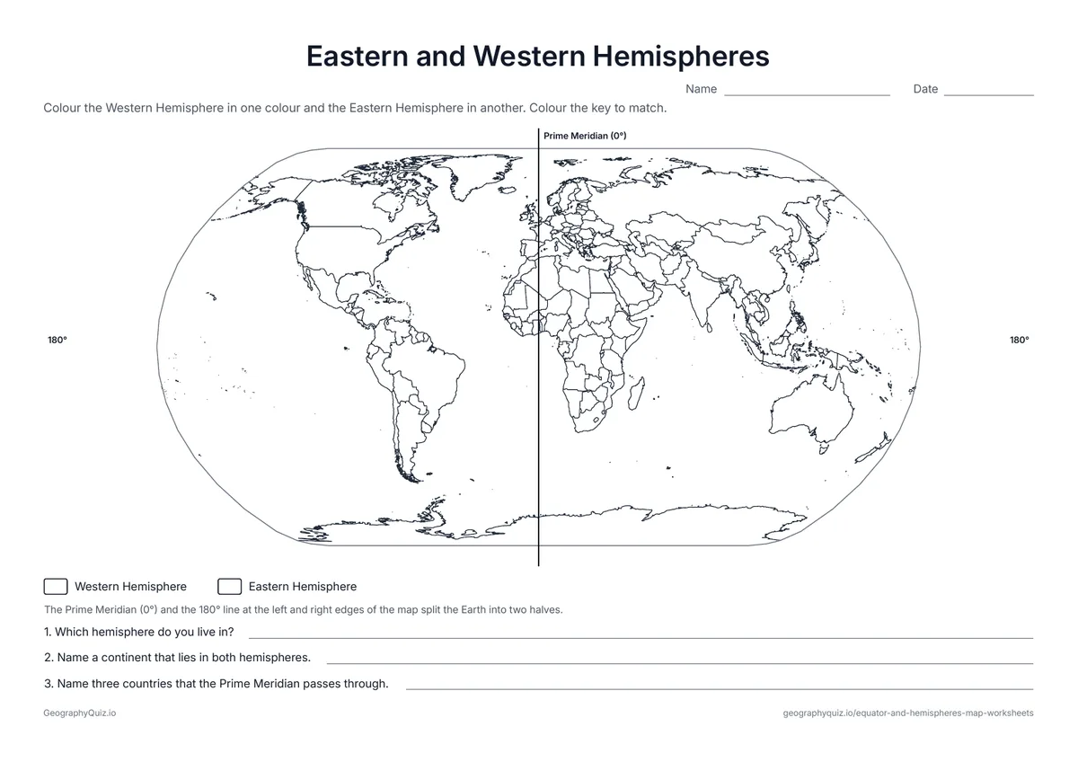 Preview of the printable eastern and western hemispheres worksheet