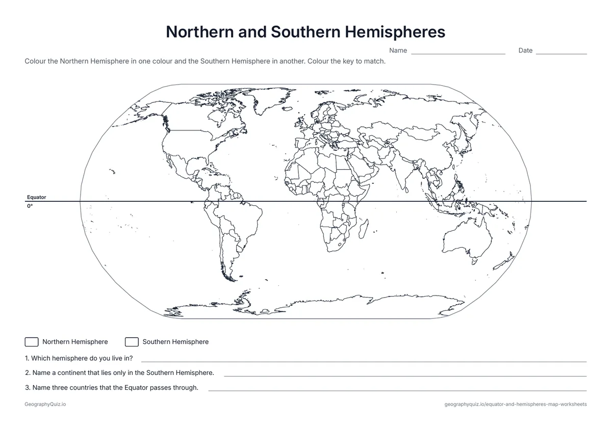 Preview of the printable northern and southern hemispheres worksheet