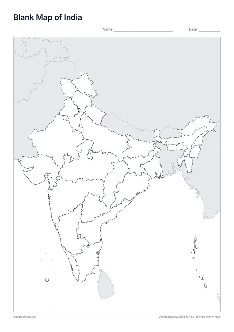 Printable blank map of India worksheet preview