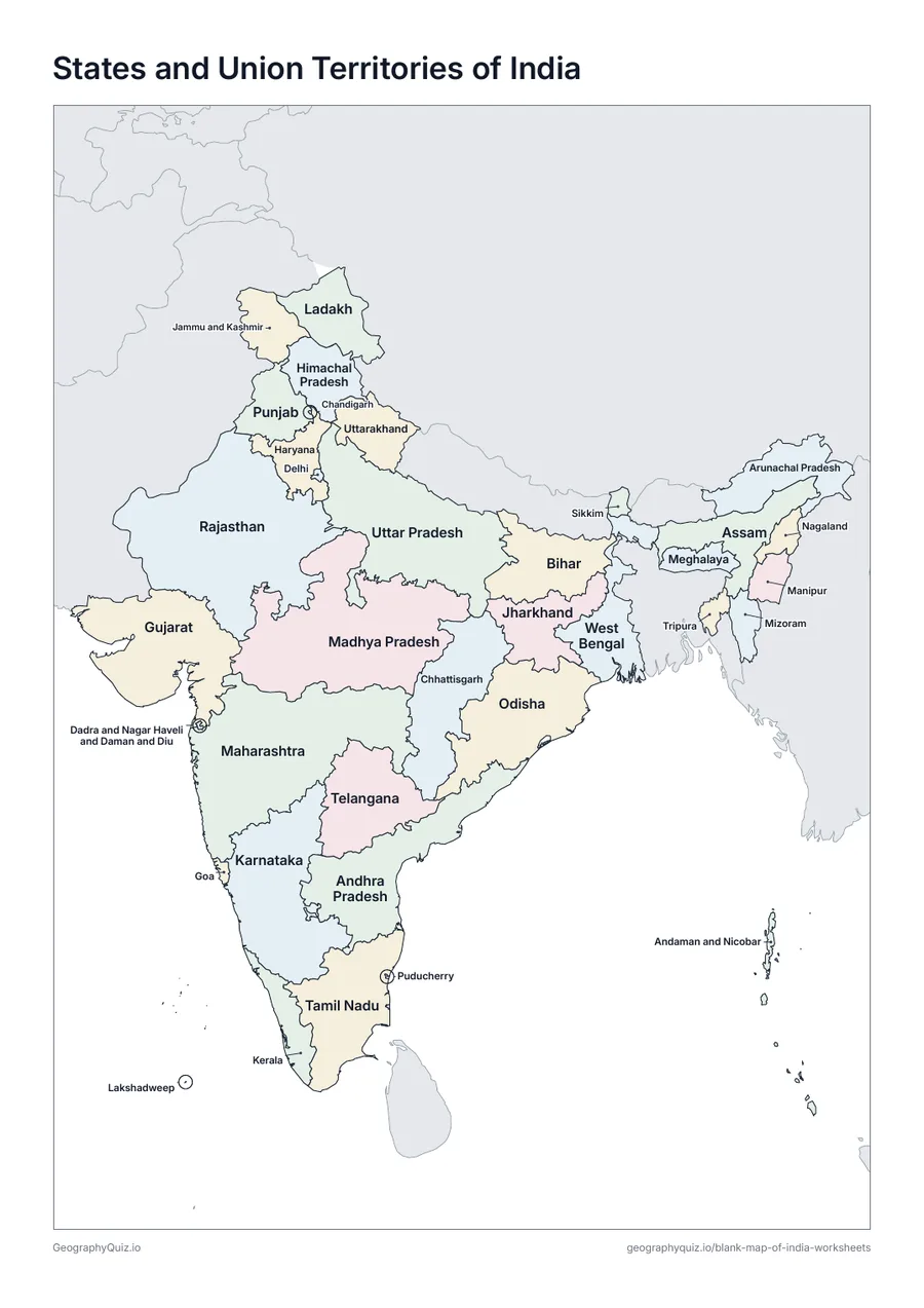 Preview of the printable states and union territories of india worksheet
