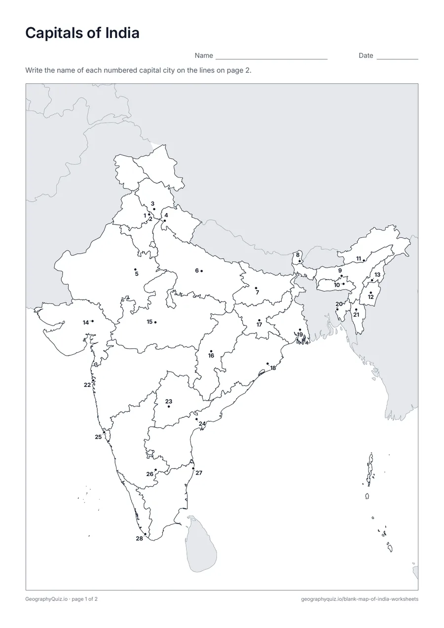 Preview of the printable capitals of india worksheet