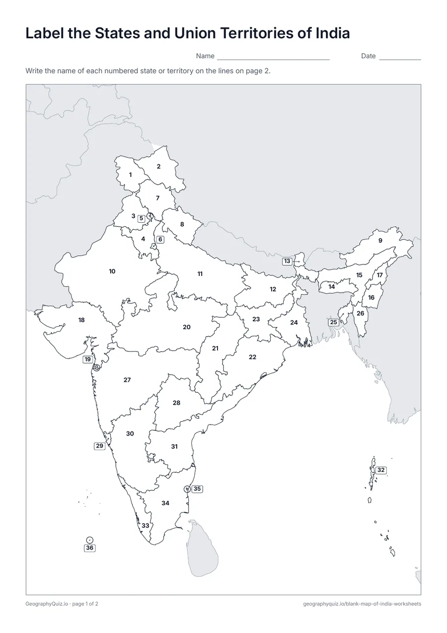 Preview of the printable label the states and union territories of india worksheet
