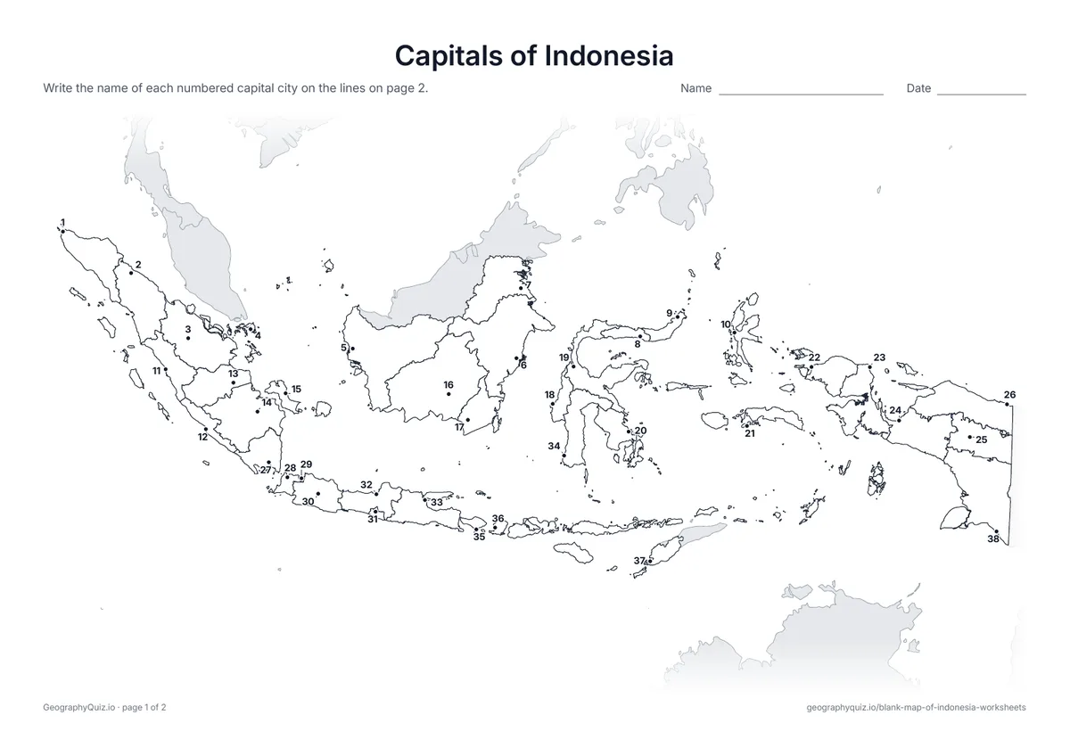 Preview of the printable capitals of indonesia worksheet