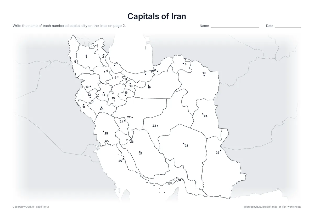 Preview of the printable capitals of iran worksheet