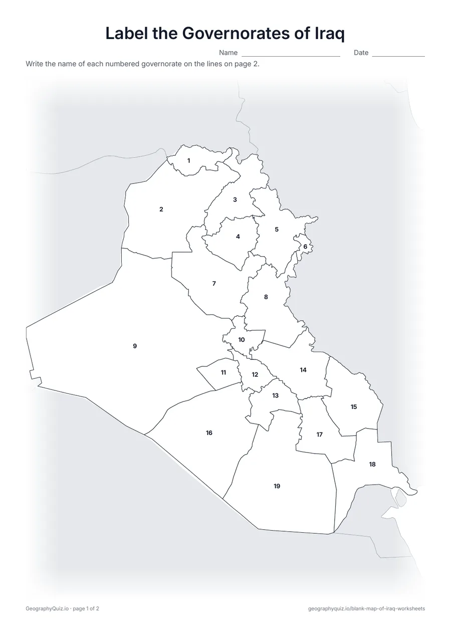Preview of the printable label the governorates of iraq worksheet